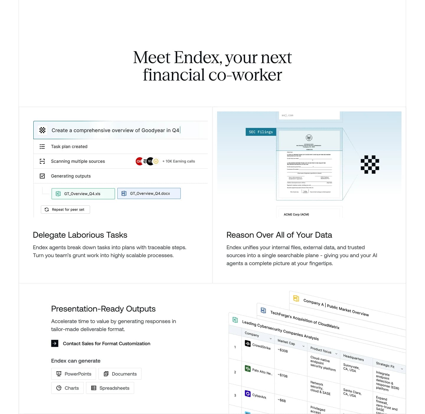 A marketing page headed "Meet Endex, your next financial co-worker", with a bento grid of feature cards for delegating tasks, reasoning over data, and generating presentation-ready outputs.
