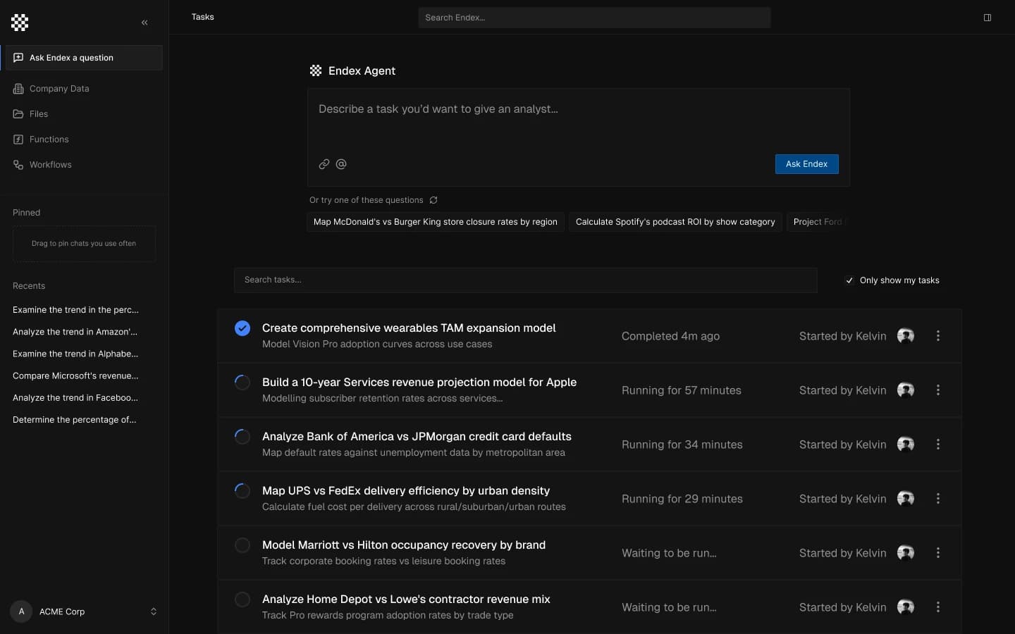 The Endex Tasks view: a sidebar of recent analyses beside a queue of agent tasks showing completed, running, and waiting states.