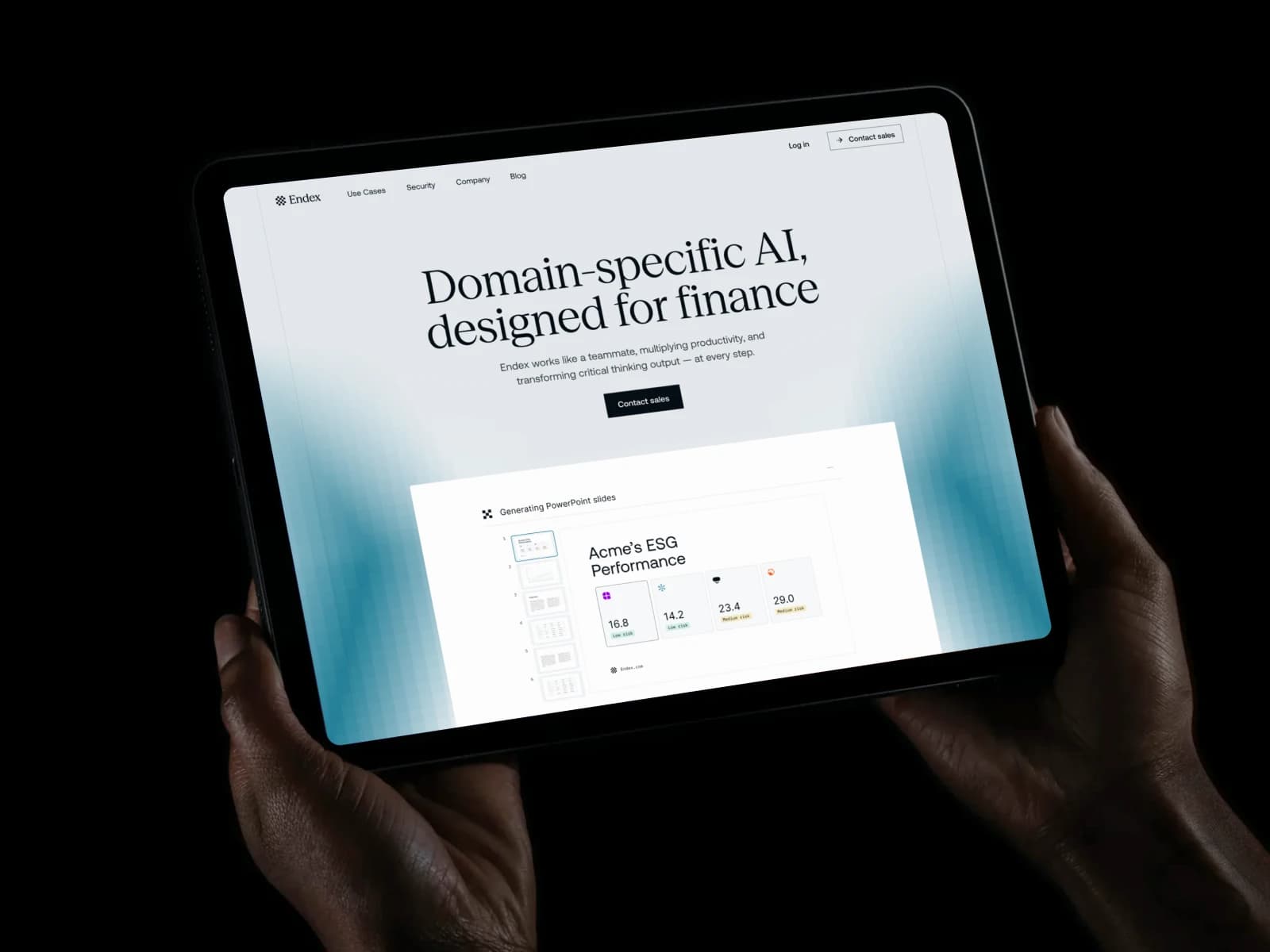 A tablet held in two hands, showing the Endex homepage hero, "Domain- specific AI, designed for finance," above a preview of a generated PowerPoint deck on ESG performance.