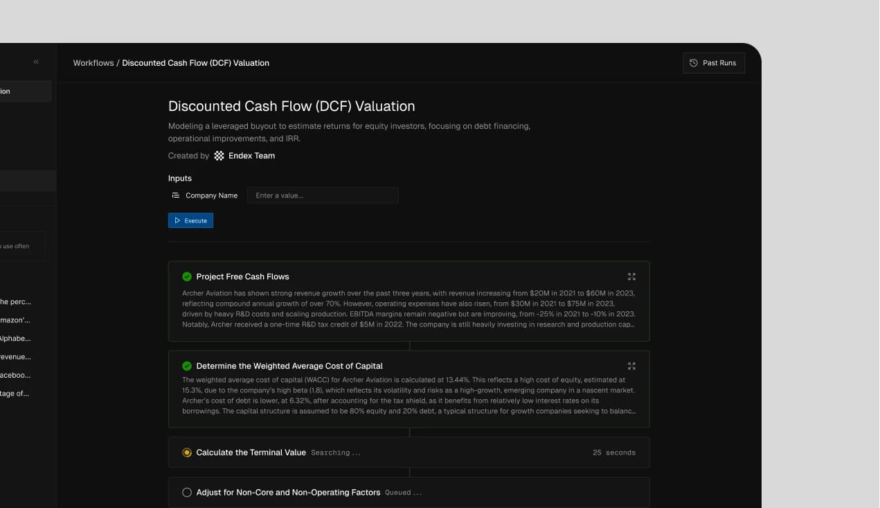 An Endex workflow for a discounted cash flow valuation, with typed inputs above a sequence of steps in completed, running, and queued states.